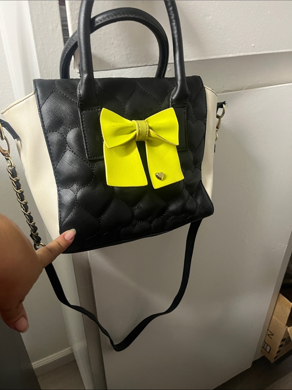Chic Quilted Black & White Tote with Yellow Bow Accent